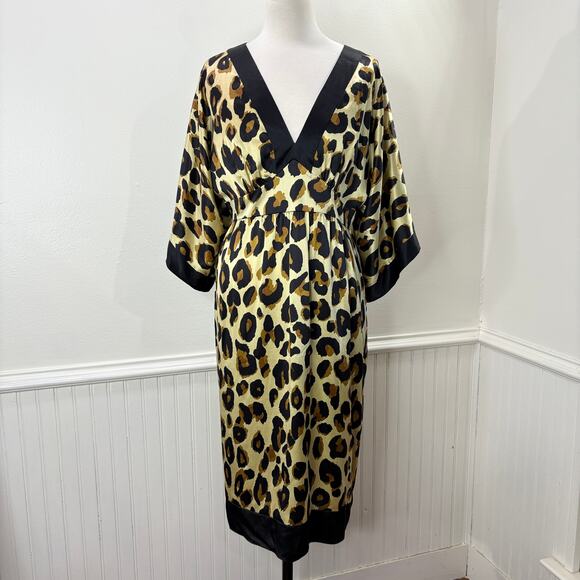 Donna Morgan Size 8 Babydoll Mini Dress Y2K Silk Leopard Print Kimono Sleeve - Picture 1 of 14